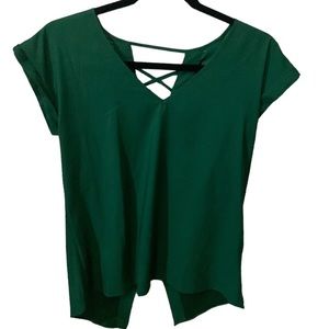 Express Dark Green Satin V-Neck Short Sleeved Blouse Size XS